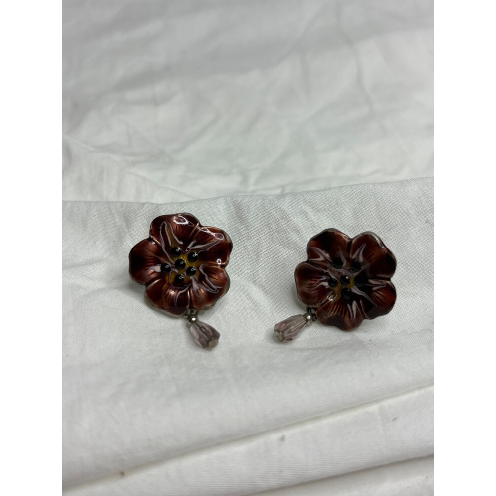 Unique Enamel Flower Dangle Earrings Purple Bead Accent Silver Tone